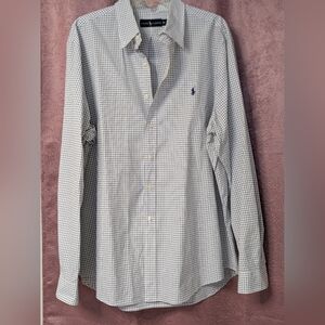 Men's Ralph Lauren Blue Green Checkered Dress Shirt Classic Professional Crisp